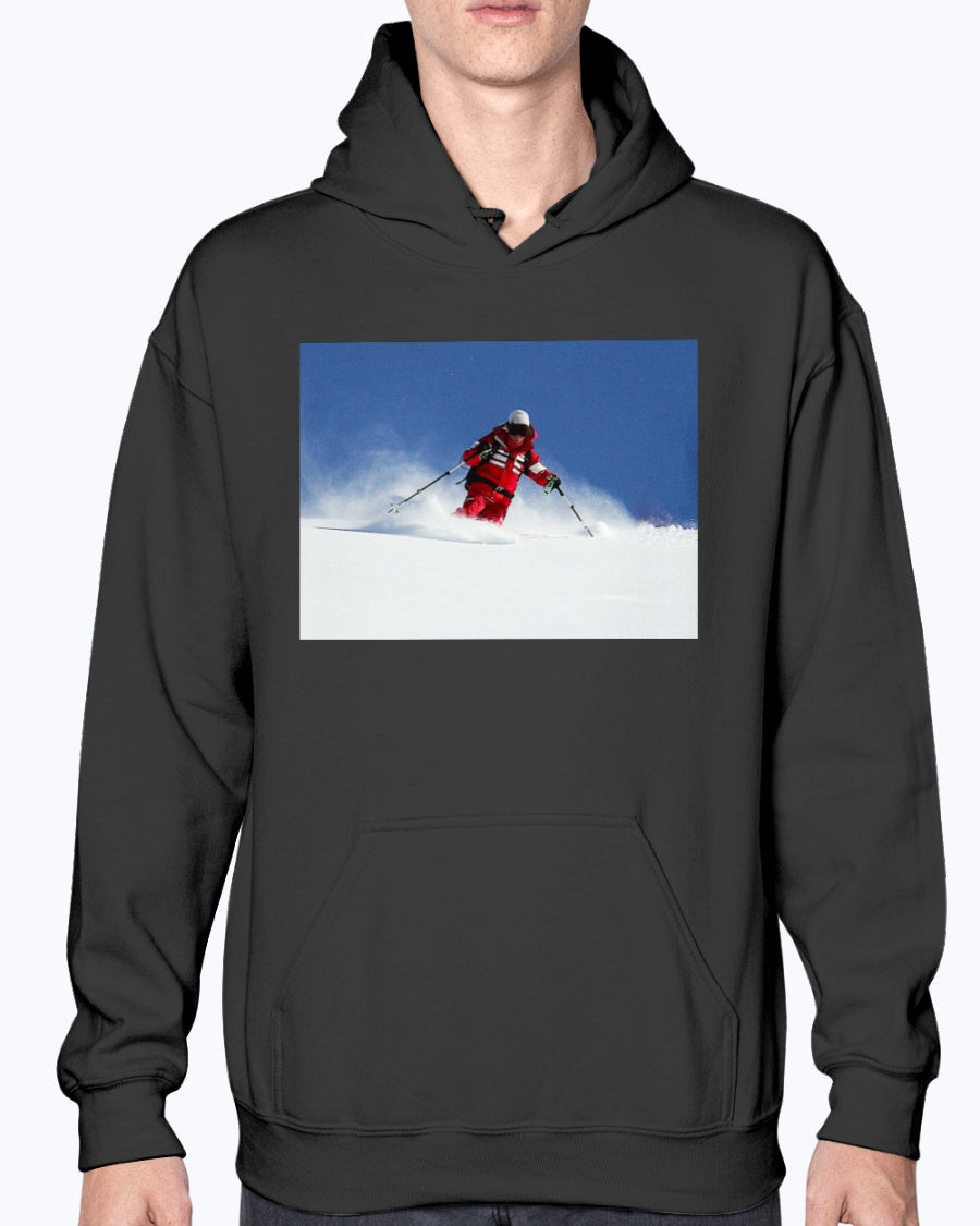 Bunny Hops, Skier in the Powder, Moss Apparel, Unisex Hoodie