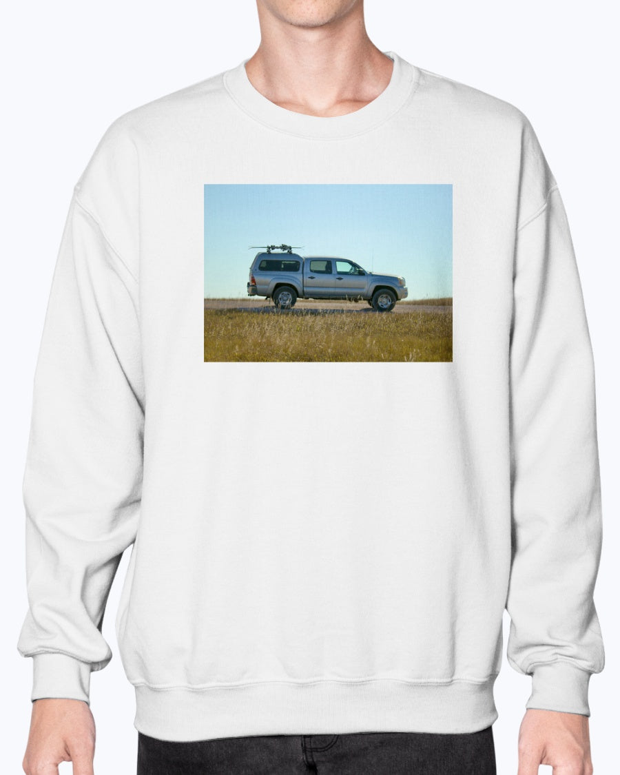 Lost Skier in a Tacoma, Bad Lands South Dakota, Moss Apparel, Unisex Crewneck Sweatshirt