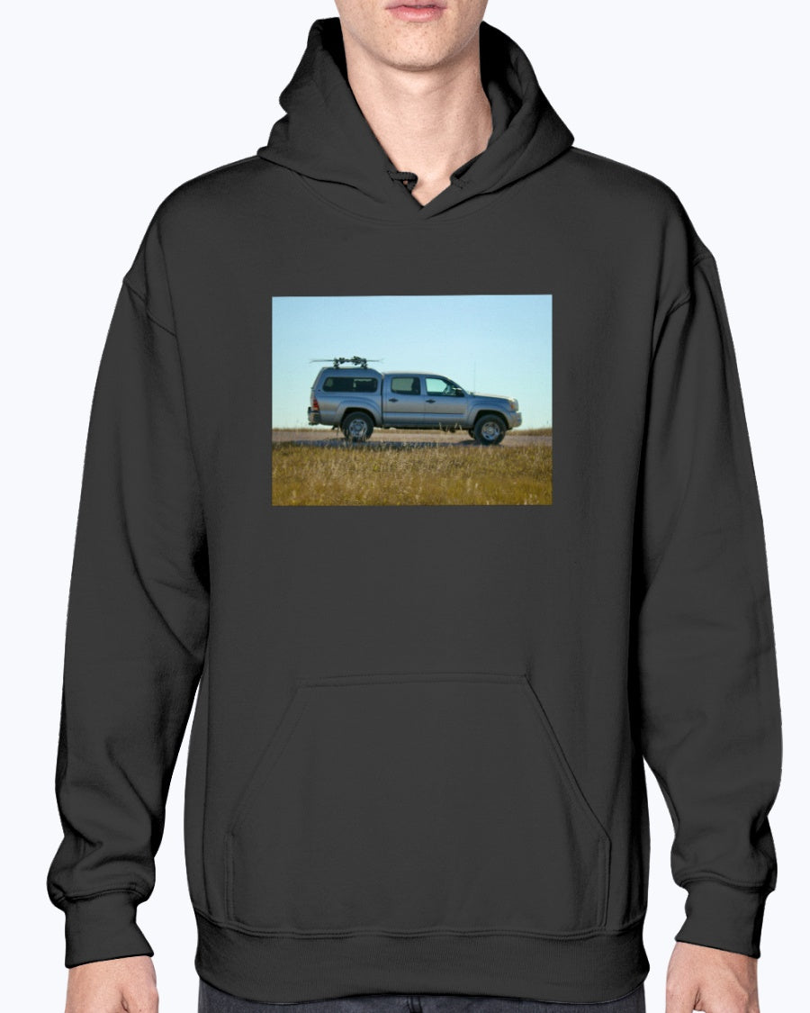 Lost Skier in a Tacoma, Bad Lands South Dakota, Moss Apparel, Unisex Hoodie