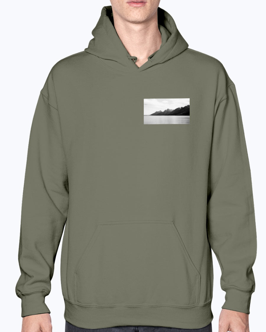 Grand Teton's Distant Mountains, Reflective Lake, Moss Apparel, Unisex Hoodie
