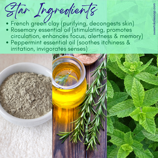 Green Clay & Rosemary Peppermint Soap, Crisp Scent Vegan Bar