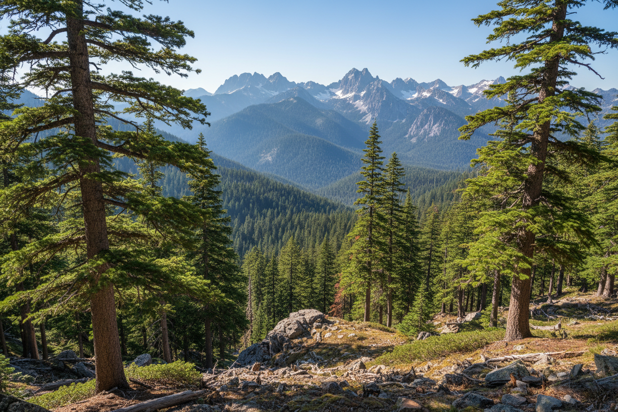 scenic forest background in the mountains with pine trees