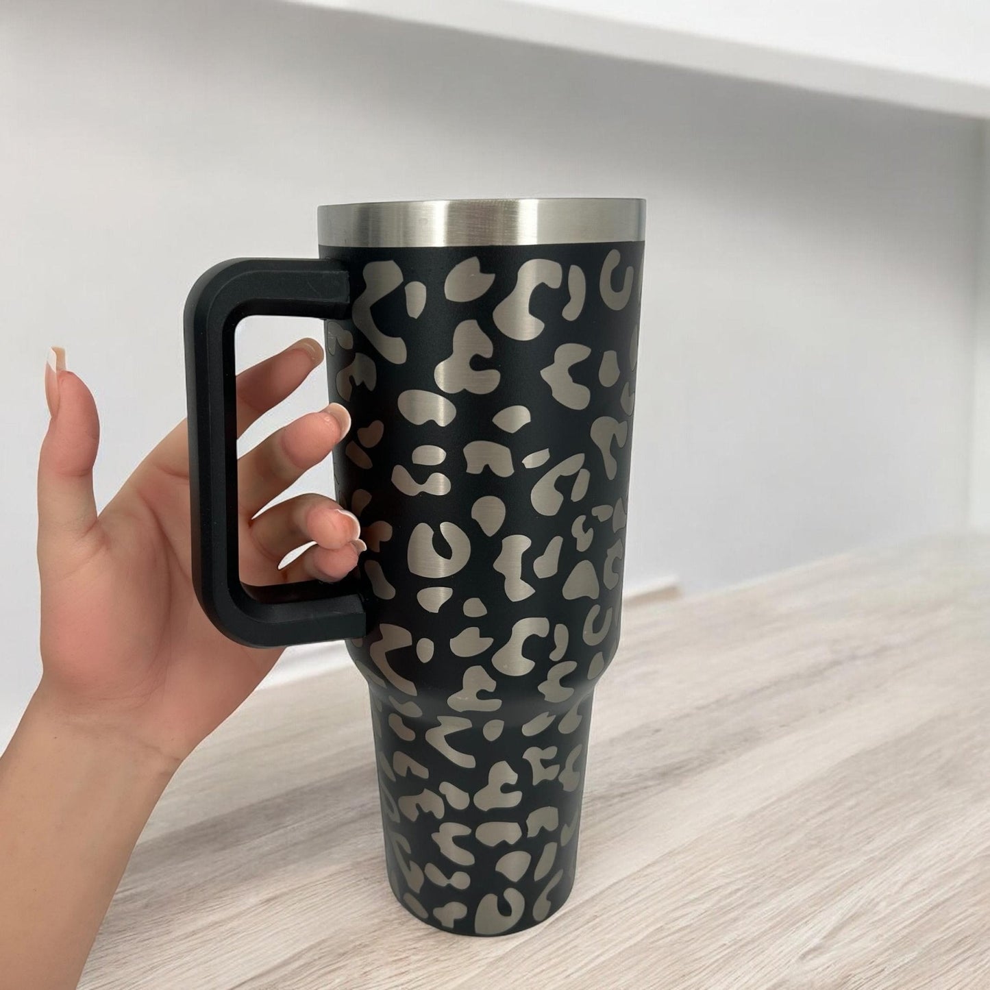 Engraved Leopard Print 40 oz Tumbler with Handle and Straw Lid