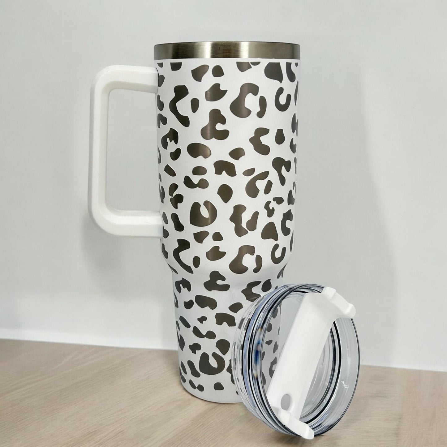 Engraved Leopard Print 40 oz Tumbler with Handle and Straw Lid