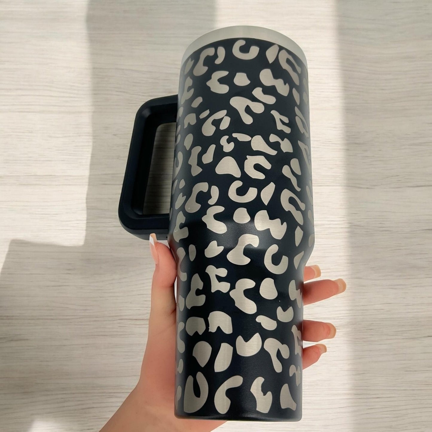 Engraved Leopard Print 40 oz Tumbler with Handle and Straw Lid