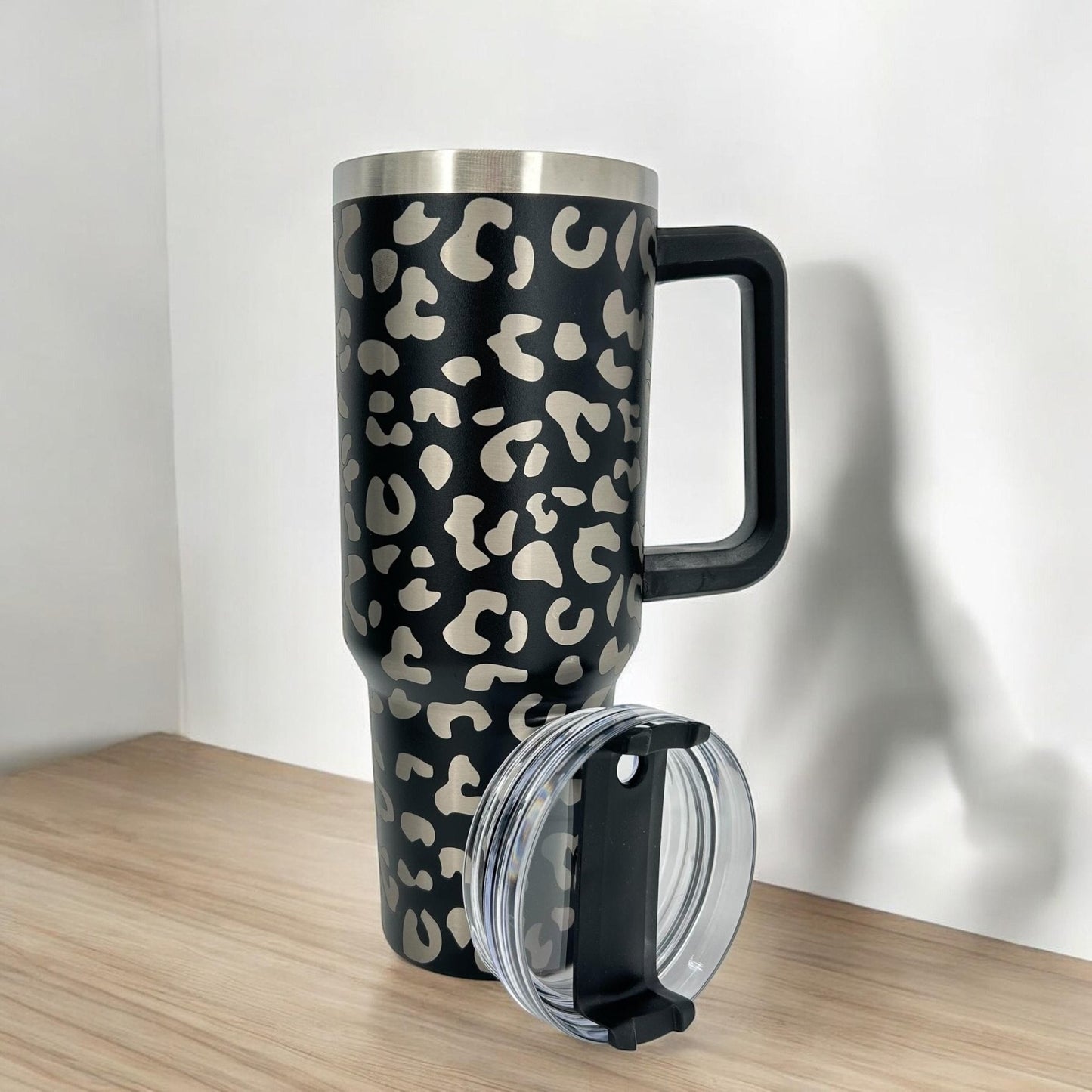 Engraved Leopard Print 40 oz Tumbler with Handle and Straw Lid