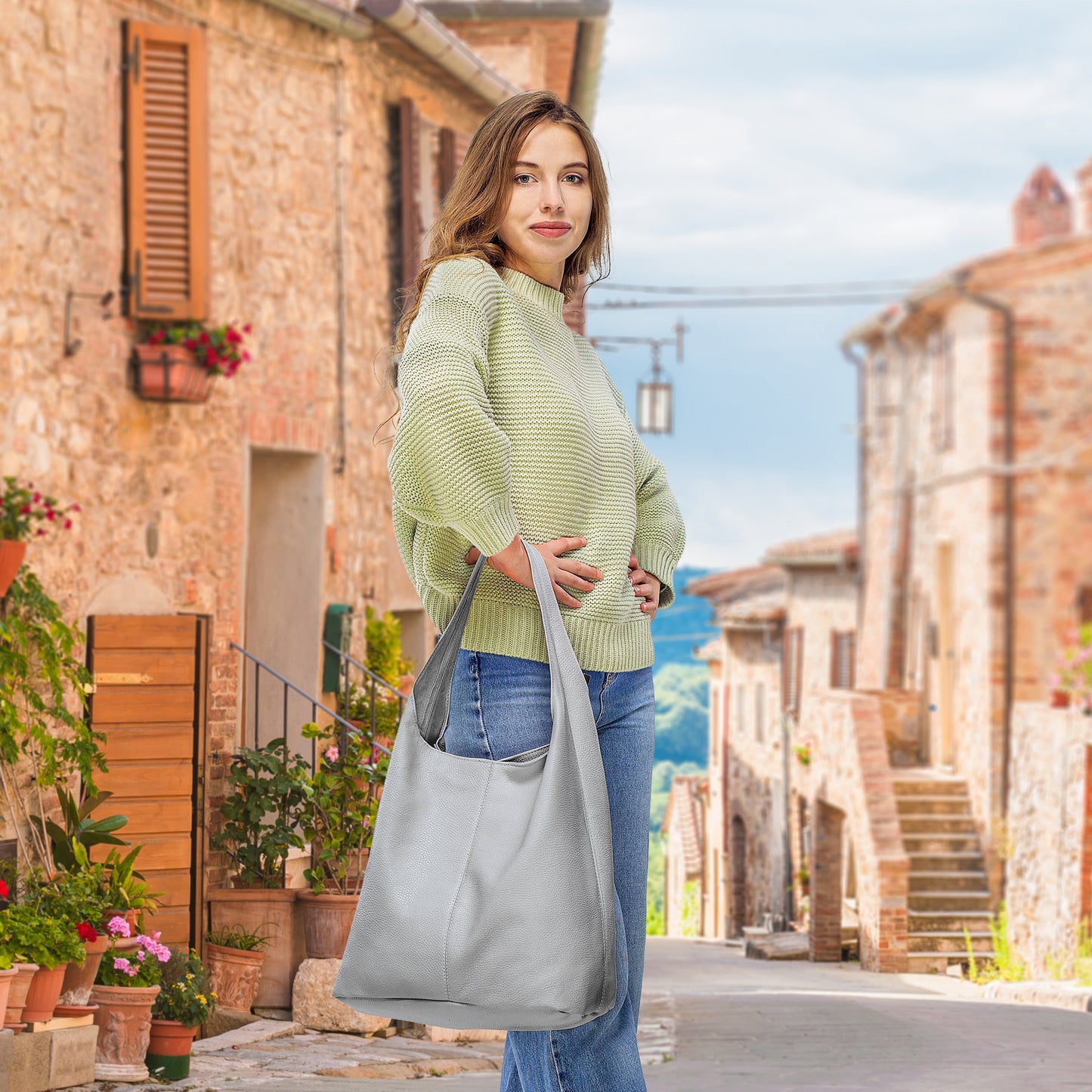 Italian Genuine Calf Leather Hobo Bag 011943