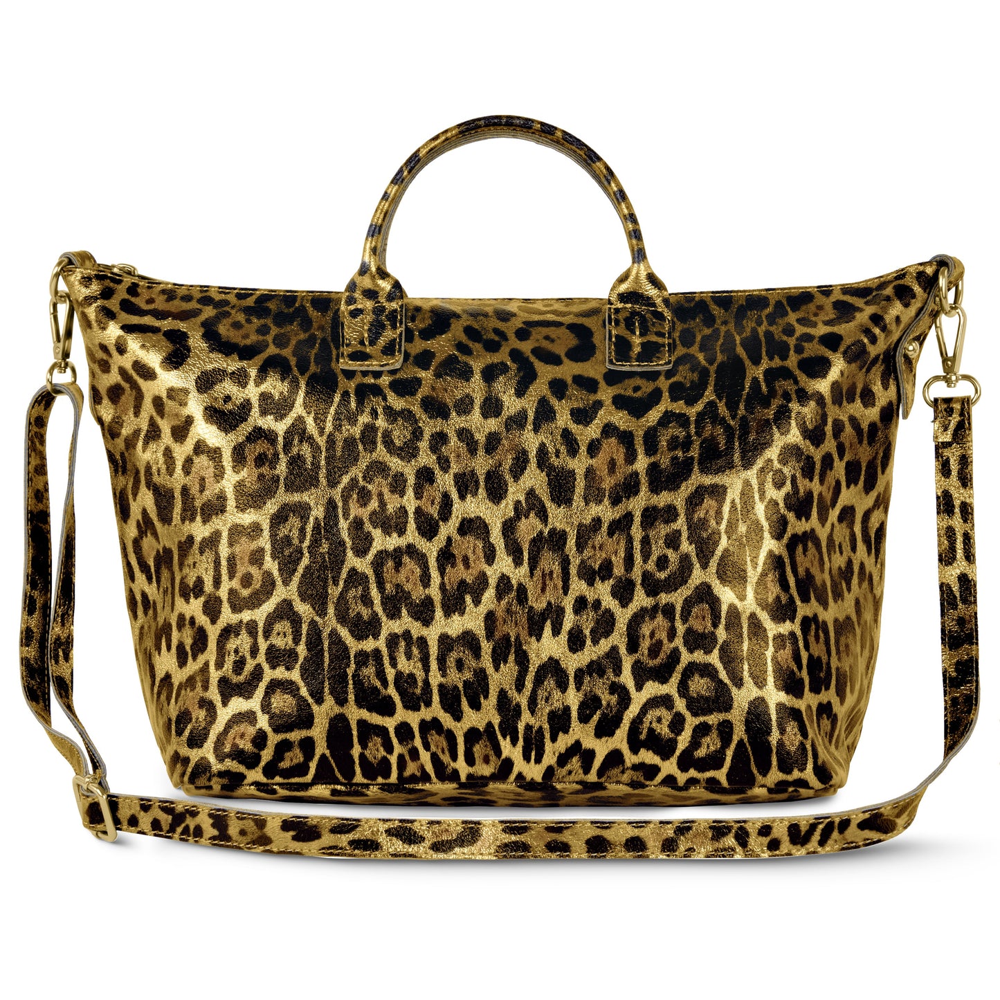 Italian Genuine Leopard-Print Metallic Suede Top-Handle Bag 112334