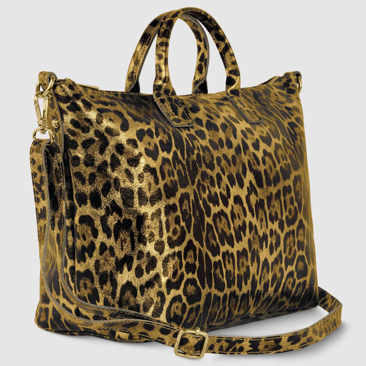 Italian Genuine Leopard-Print Metallic Suede Top-Handle Bag 112334