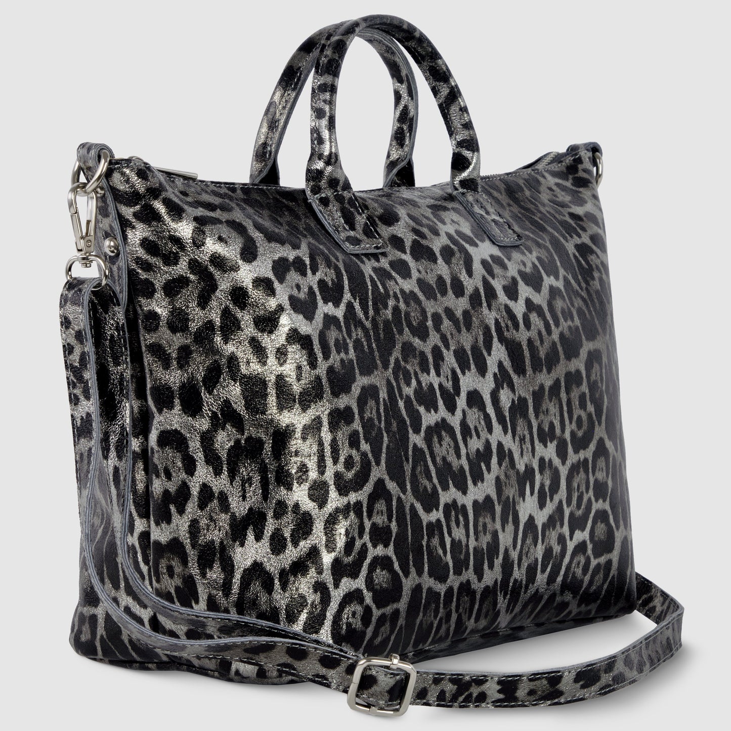 Italian Genuine Leopard-Print Metallic Suede Top-Handle Bag 112334