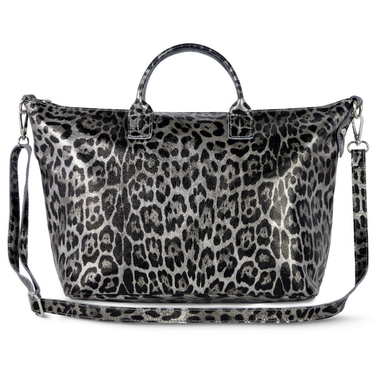 Italian Genuine Leopard-Print Metallic Suede Top-Handle Bag 112334