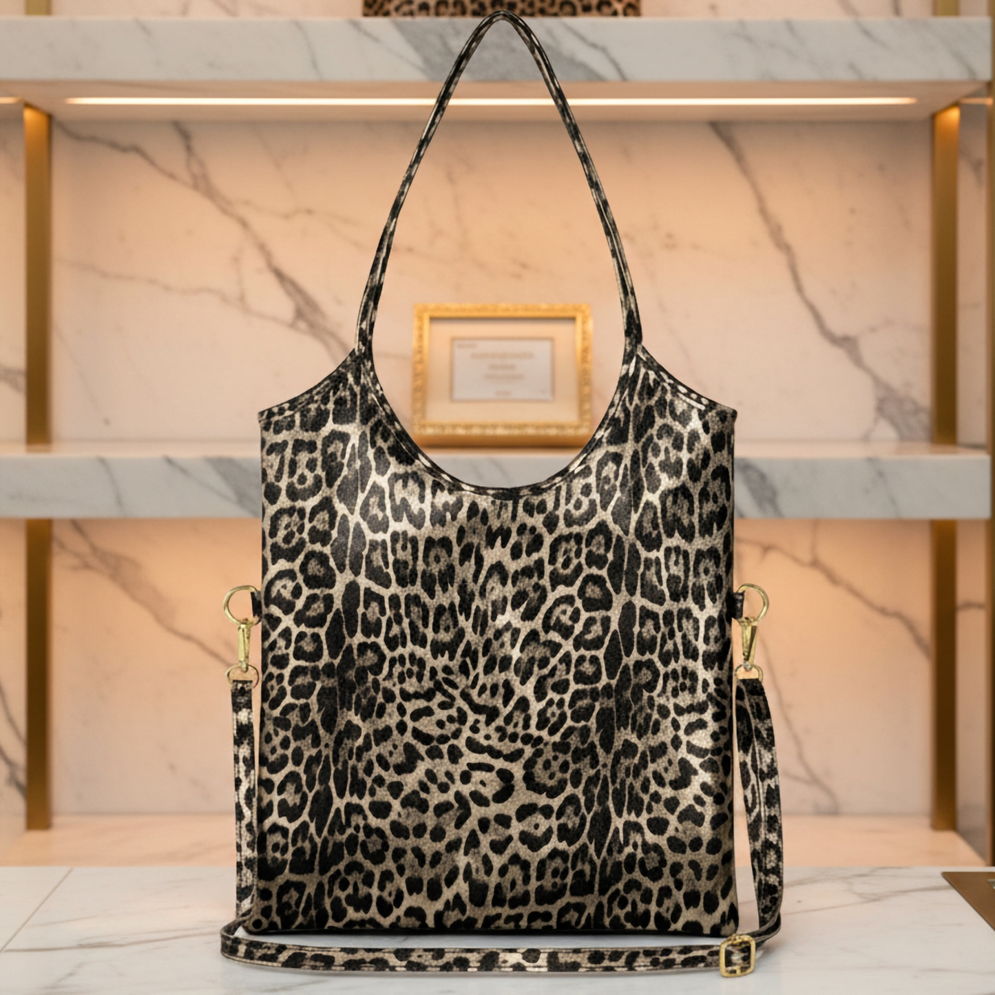 Italian Genuine Leopard-Print Metallic Suede Tote Bag 191722
