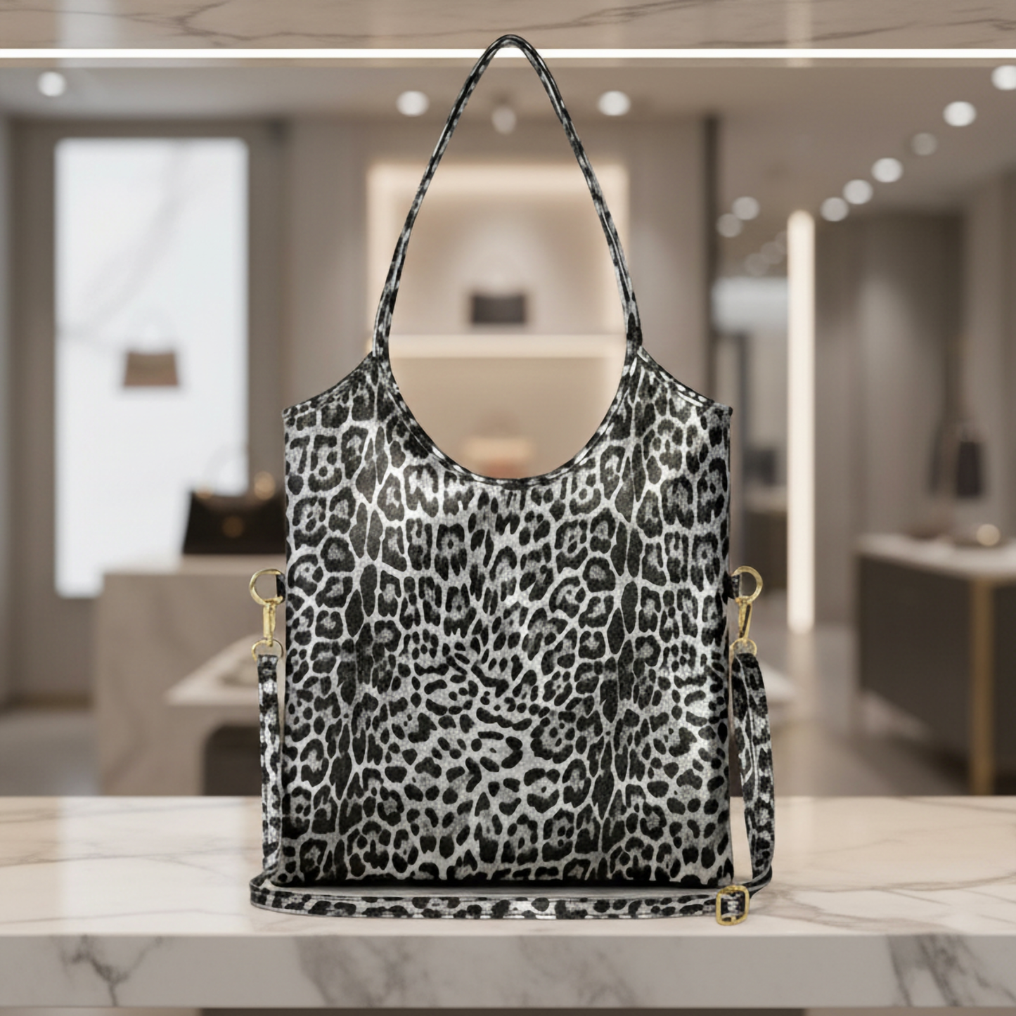 Italian Genuine Leopard-Print Metallic Suede Tote Bag 191722