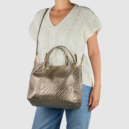 Italian Genuine Grid Metallic Suede Top-Handle Bag 112615