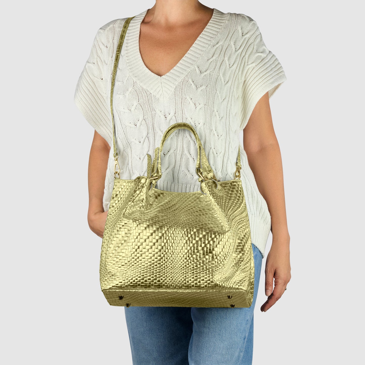 Italian Genuine Grid Metallic Suede Top-Handle Bag 112615
