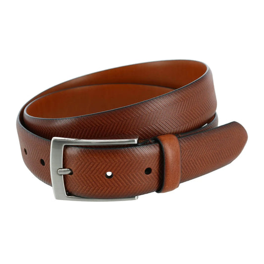 Gregorio 35mm Herringbone Embossed Feather Edged Leather Belt Trafalgar Store
