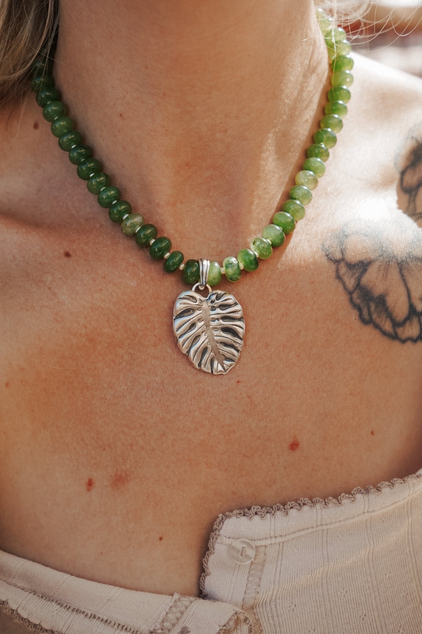 The Monsterra Necklace in Jade + Pearl Beads