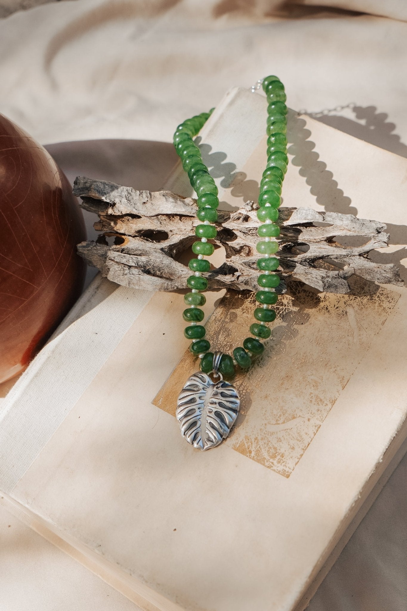 The Monsterra Necklace in Jade + Pearl Beads