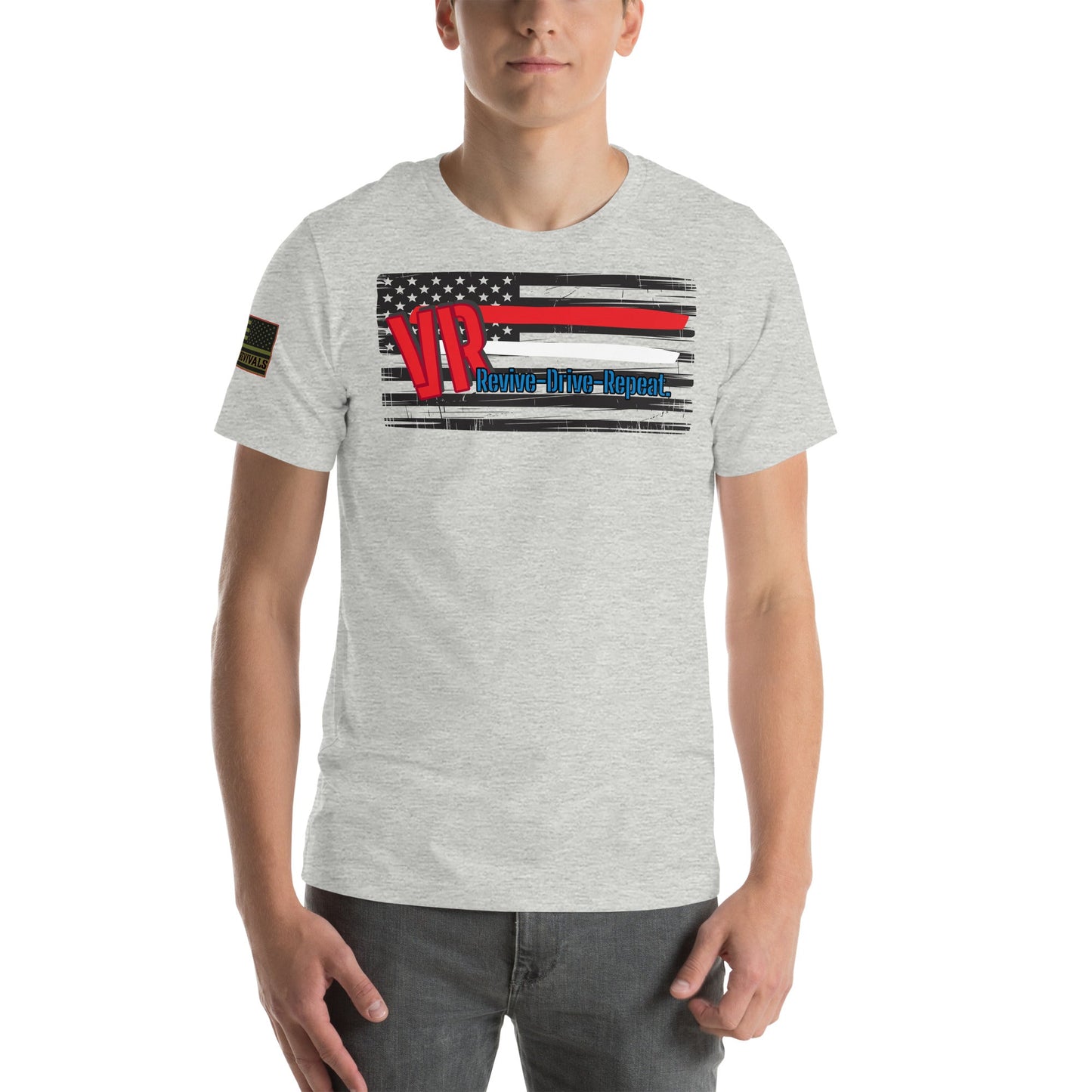 VR Revive Drive Repeat T-Shirt – Distressed American Flag Graphic Tee for Car & Truck Enthusiasts