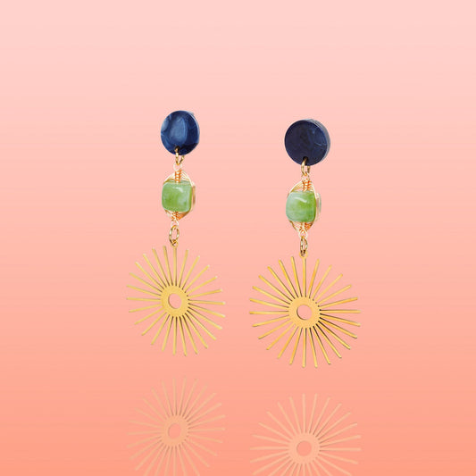 Isela Deep Blue + Green Jade Sun Burst Earrings