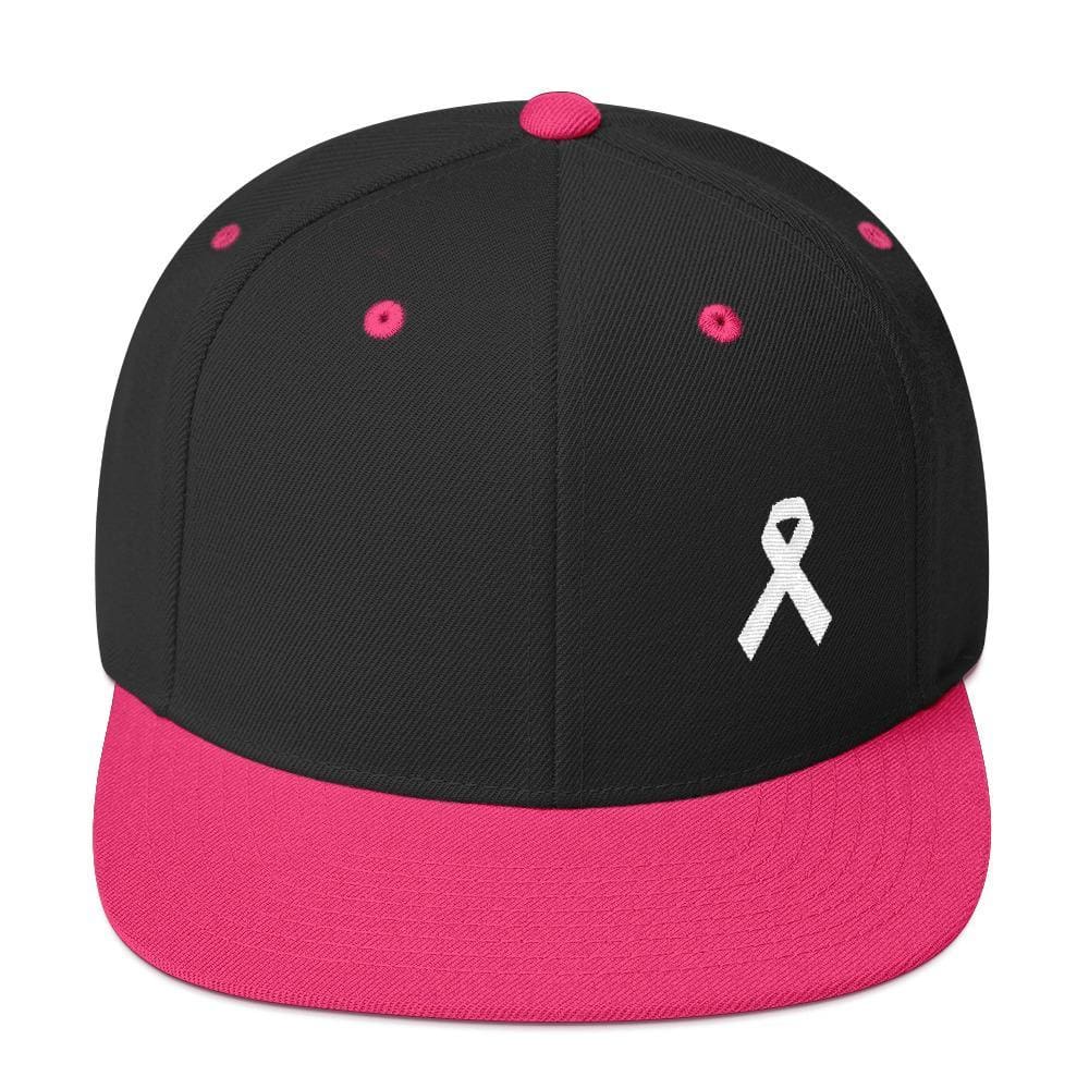 White Awareness Ribbon Flat Brim Snapback Hat