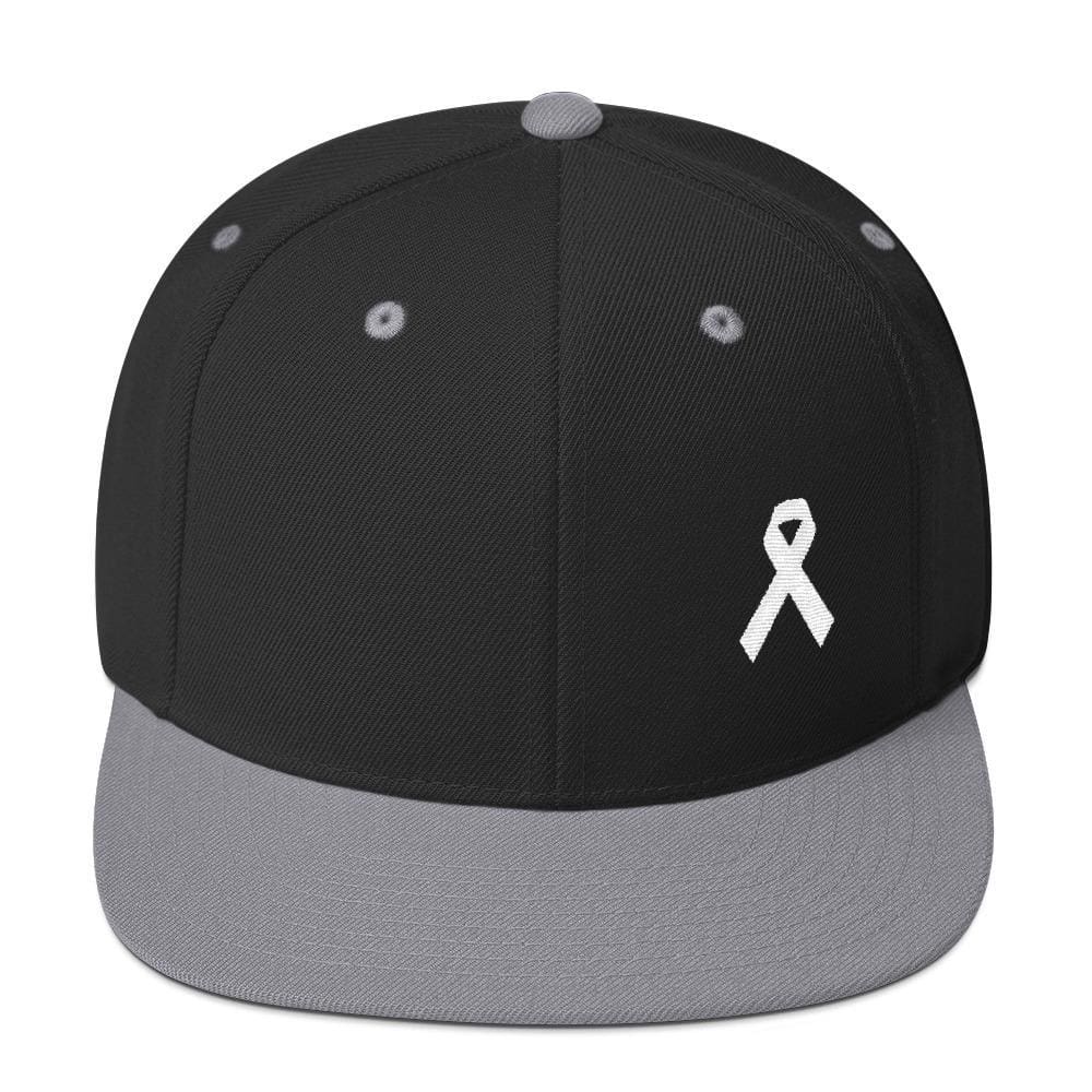 White Awareness Ribbon Flat Brim Snapback Hat