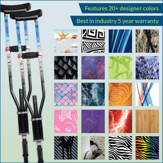 Adjustable Spring Cushion Crutches Perfect for Sports Injuries and Travel - Heights 4'7" to 6'6" - Adjust to 22" for Travel - Choice of Colors